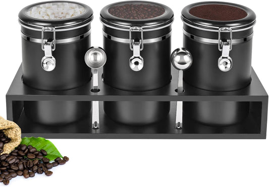 Yangbaga 3x63OZ Sugar Coffee Canisters with Shelf, 304 Stainless Steel Coffee Station Container for