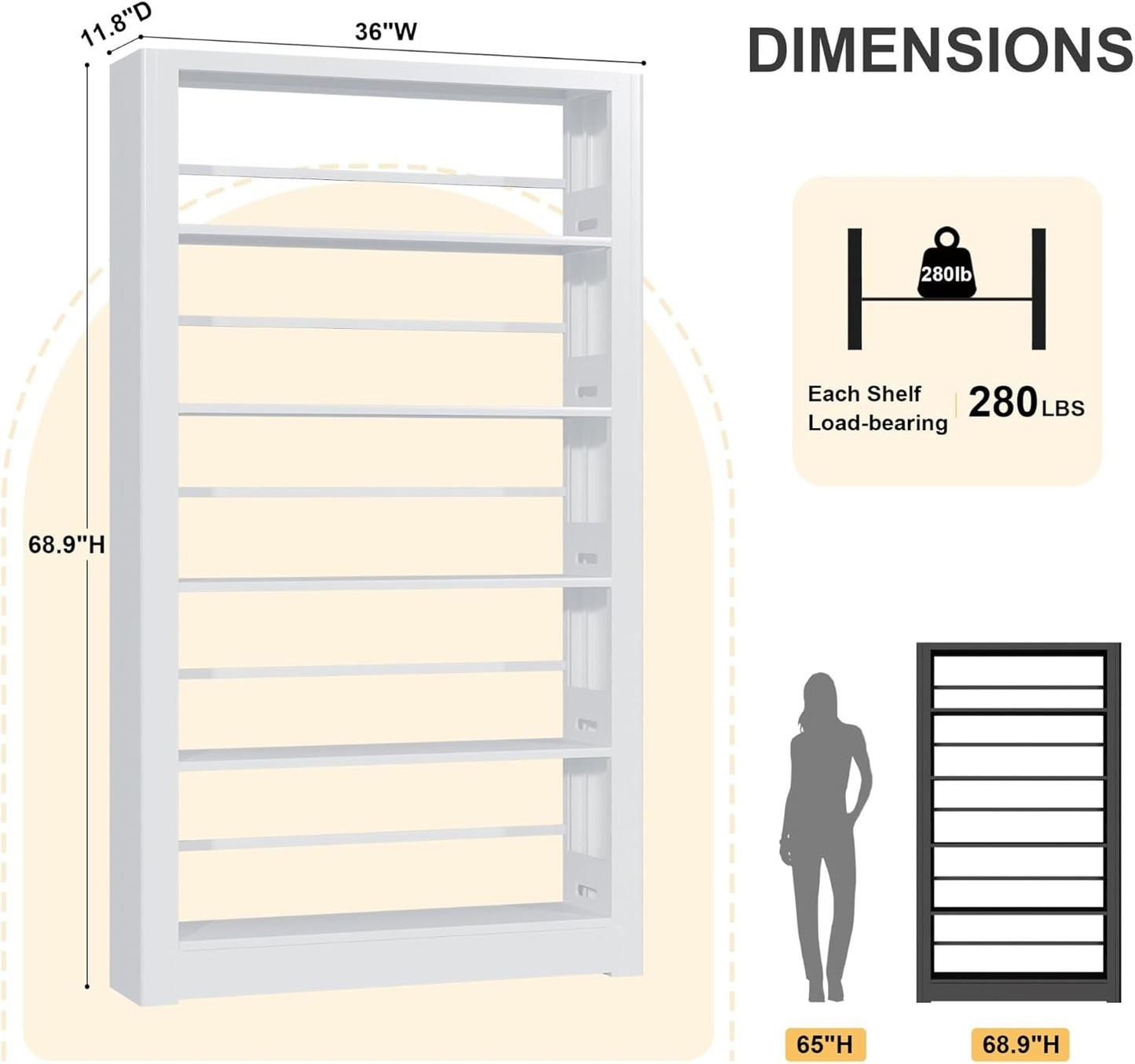 Heavy Duty Metal Bookshelf, 5 Shelf Adjustable Bookcase, 69’’ Tall Modern Bookshelves, Open Book