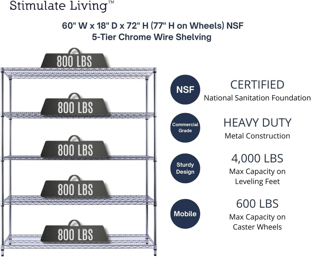 60"x18"x72" PRIME HEAVY DUTY Chrome 5-Tier Wire Shelving 4000 LBS MAX Capacity Storage Rack for