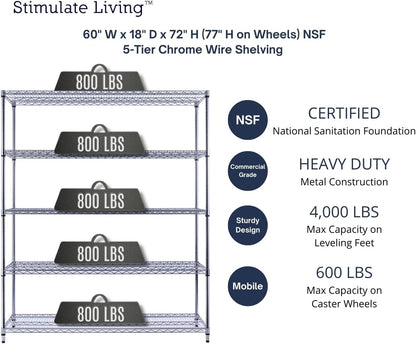 60"x18"x72" PRIME HEAVY DUTY Chrome 5-Tier Wire Shelving 4000 LBS MAX Capacity Storage Rack for