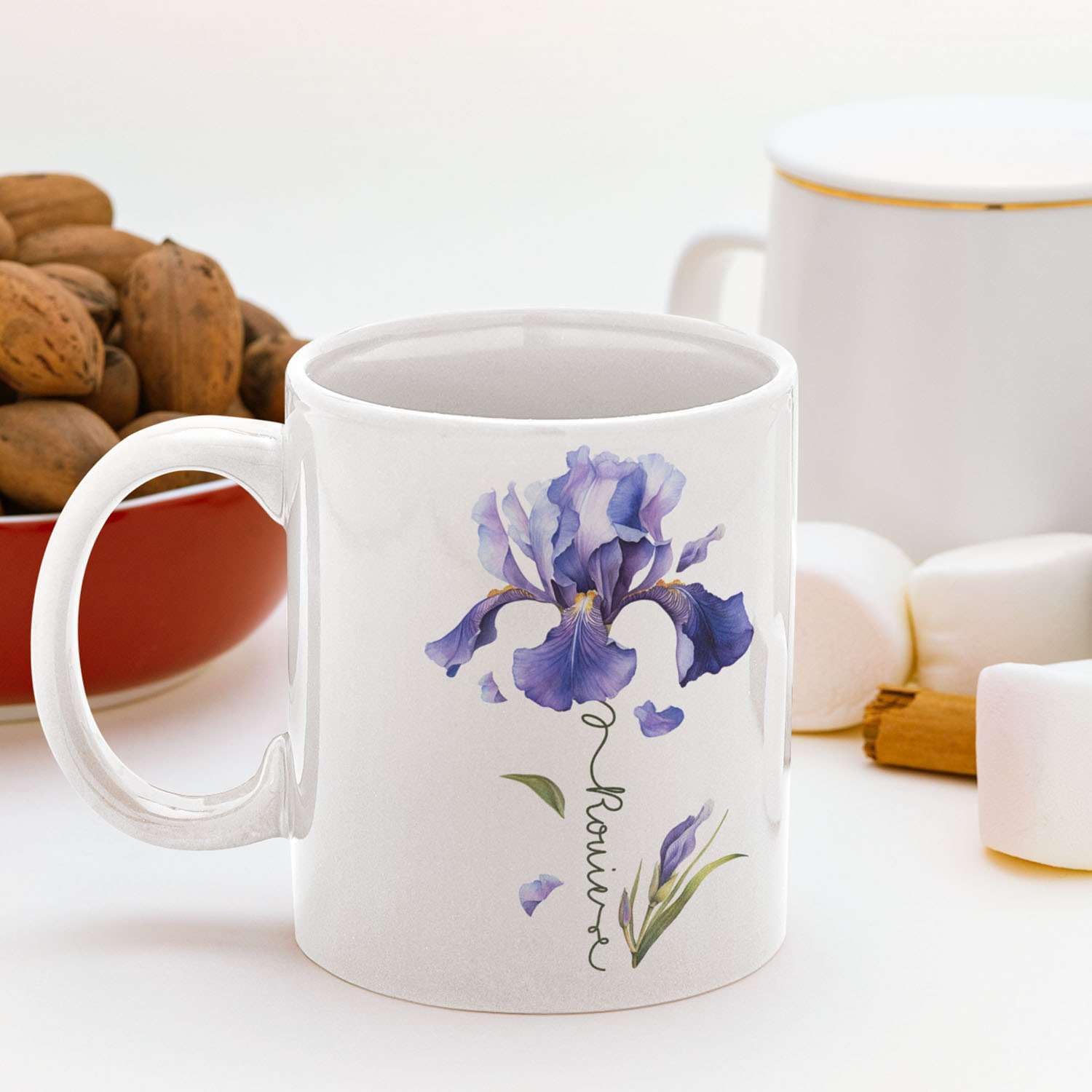Customized Iris Flower Lover Cup, Custom Name Flower Ceramic Mug, Novelty Flower Themed Accent Cup