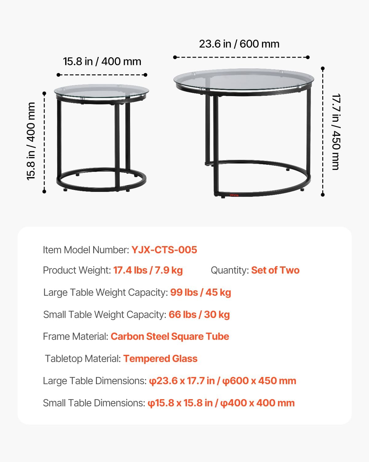 VEVOR Nesting Tables, Glass Coffee Table Set of 2, 23.6 inch Round Coffee Table, Small Coffee
