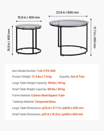 VEVOR Nesting Tables, Glass Coffee Table Set of 2, 23.6 inch Round Coffee Table, Small Coffee