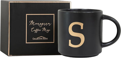 COLLECTIVE HOME - Monogram Ceramic Mugs, 15 oz Golden Initial Black Coffee Cups, Elegant Alphabet