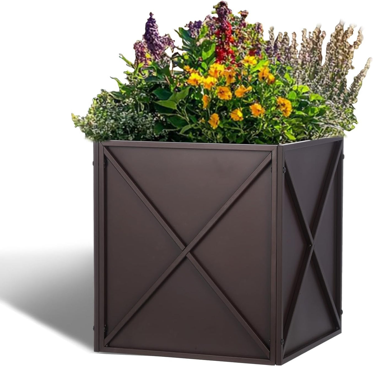 SUNNYPARK Large Metal Planter Box 17”x 17”x 18”, Square Modern Brown Metal Planter Box Heavy Duty