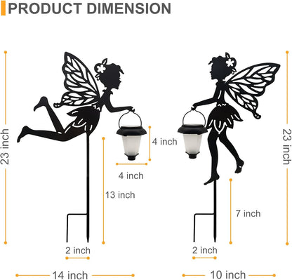 Solar Fairy Garden Stake Decorative Lantern, 2 Pack Metal Fairy Angel Garden Silhouette Lights for