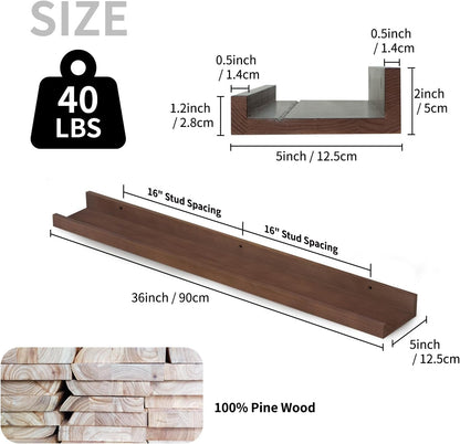 SAUMONIERES Picture Ledge Shelf Floating Book Shelves Set of 2 Wall Mounted Solid Wood for Bedroom