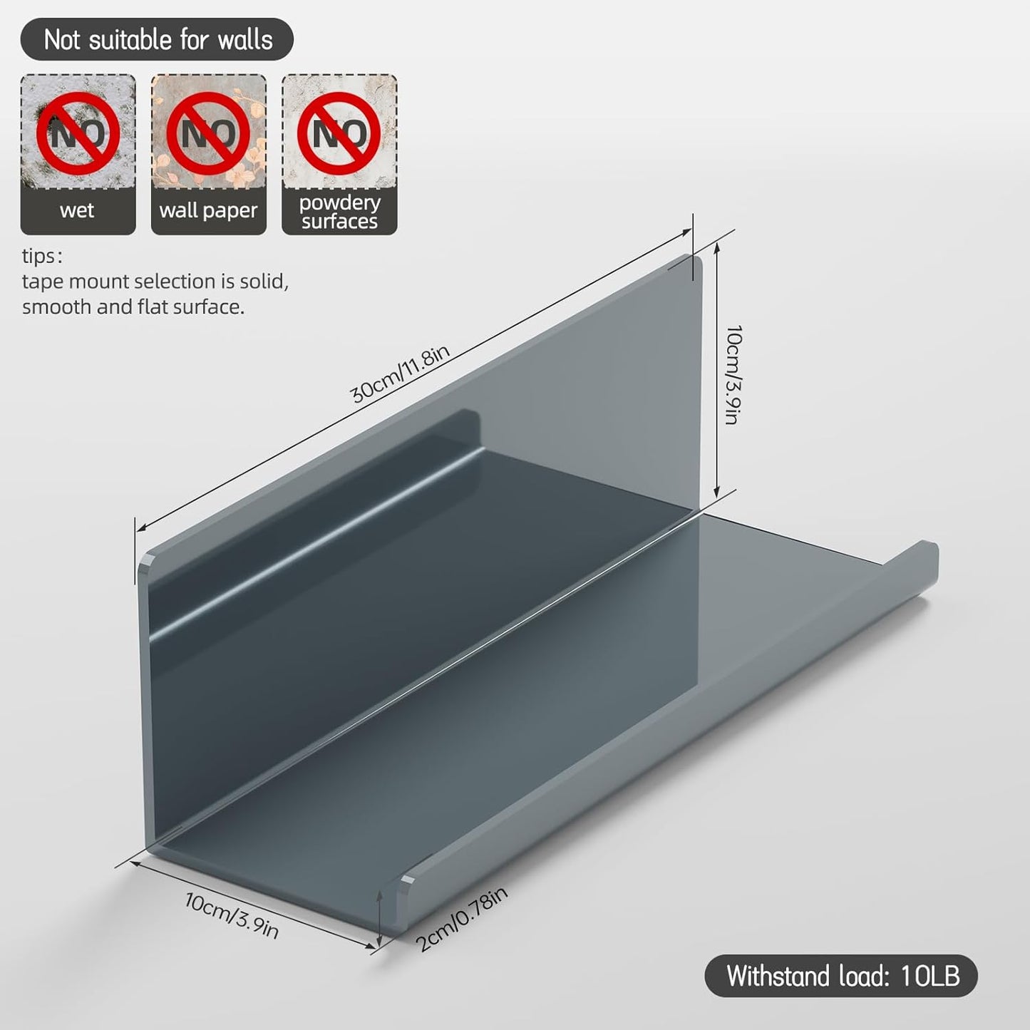 Adhesive Floating Shelves for Wall No Drilling, 12 Inch Acrylic Self Adhesive Shelves, Stick on