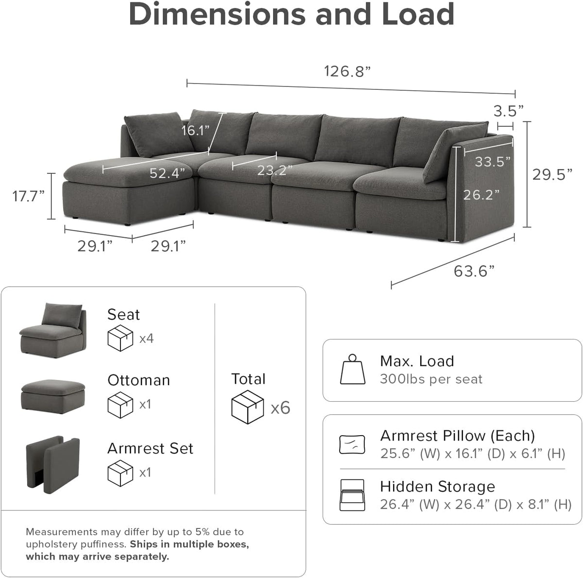 mopio Oversized Modular Sectional Sofa with Fully Removable Covers and Storage, Convertible U