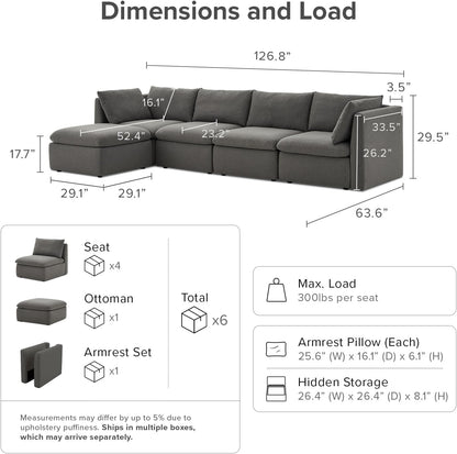 mopio Oversized Modular Sectional Sofa with Fully Removable Covers and Storage, Convertible U