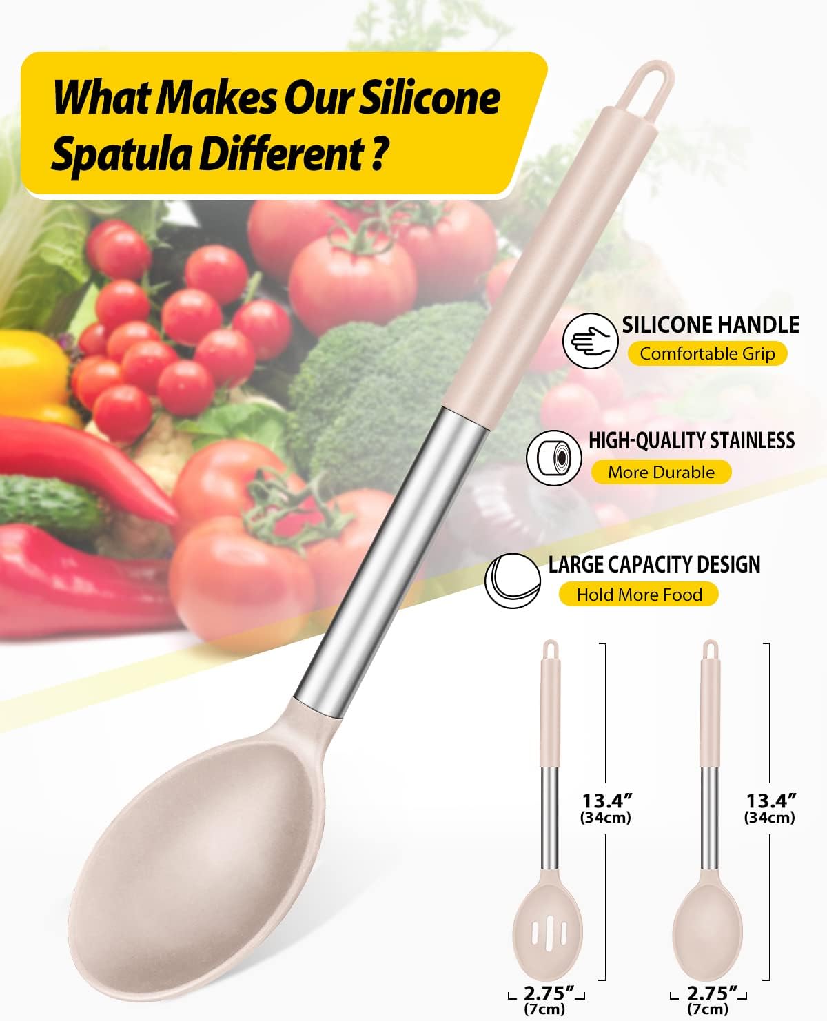 Pack of 2 Large Silicone Cooking Spoons,Non Stick Solid Basting Spoon,Heat-Resistant Kitchen