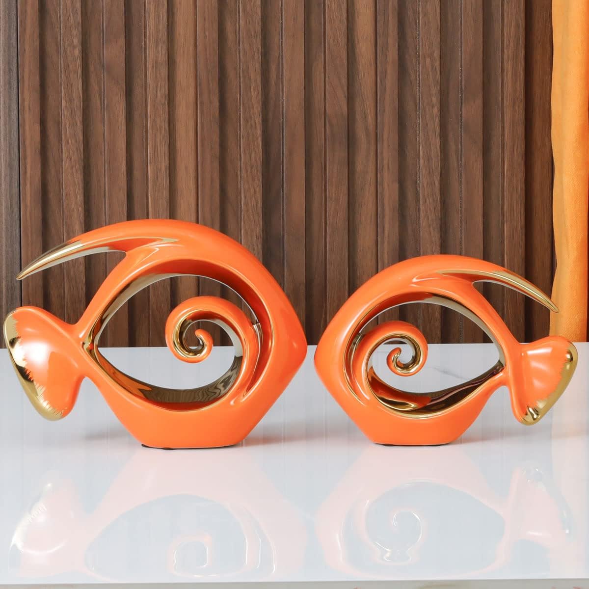 Orange Gold Ceramic Fish Figurines - Coastal Home Decor, Modern Ocean Centerpieces for Living Room