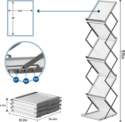 6 Pockets Foldable Aluminum Magazine Rack - Brochure Display Stand, Brochure Catalog Literature