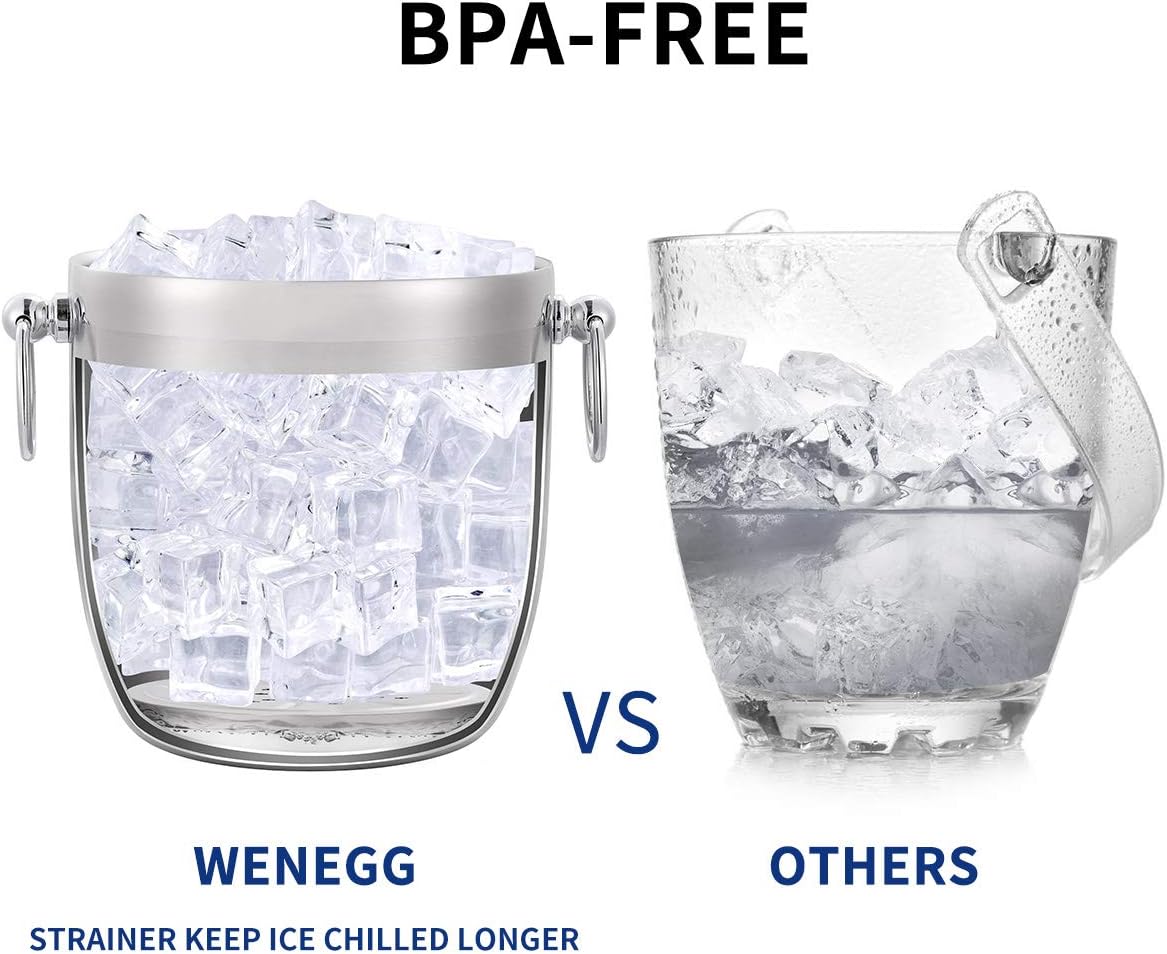 Ice Bucket with Lid, Scoop, Tongs and Strainer - Well Made Insulated Stainless Steel Keep Ice