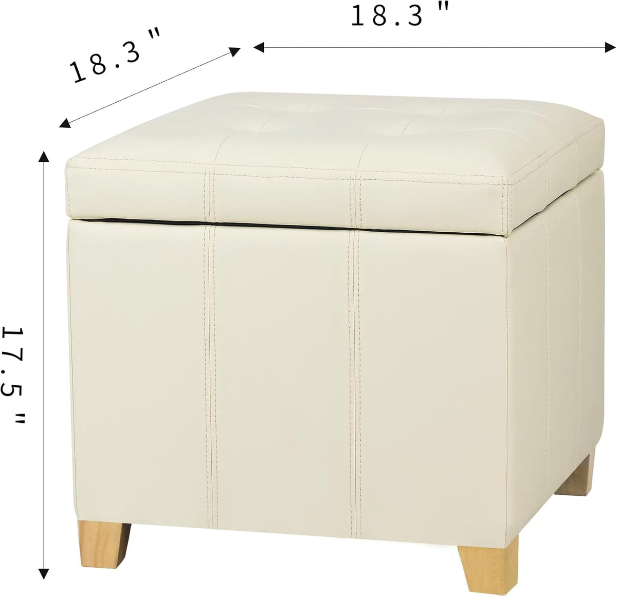 Adeco Faux Leather Storage Ottoman with Hinged Lid, 17.5 Inch High Cream White Square Cube Foot
