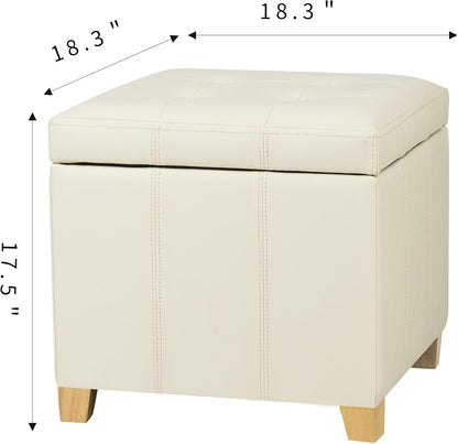 Adeco Faux Leather Storage Ottoman with Hinged Lid, 17.5 Inch High Cream White Square Cube Foot