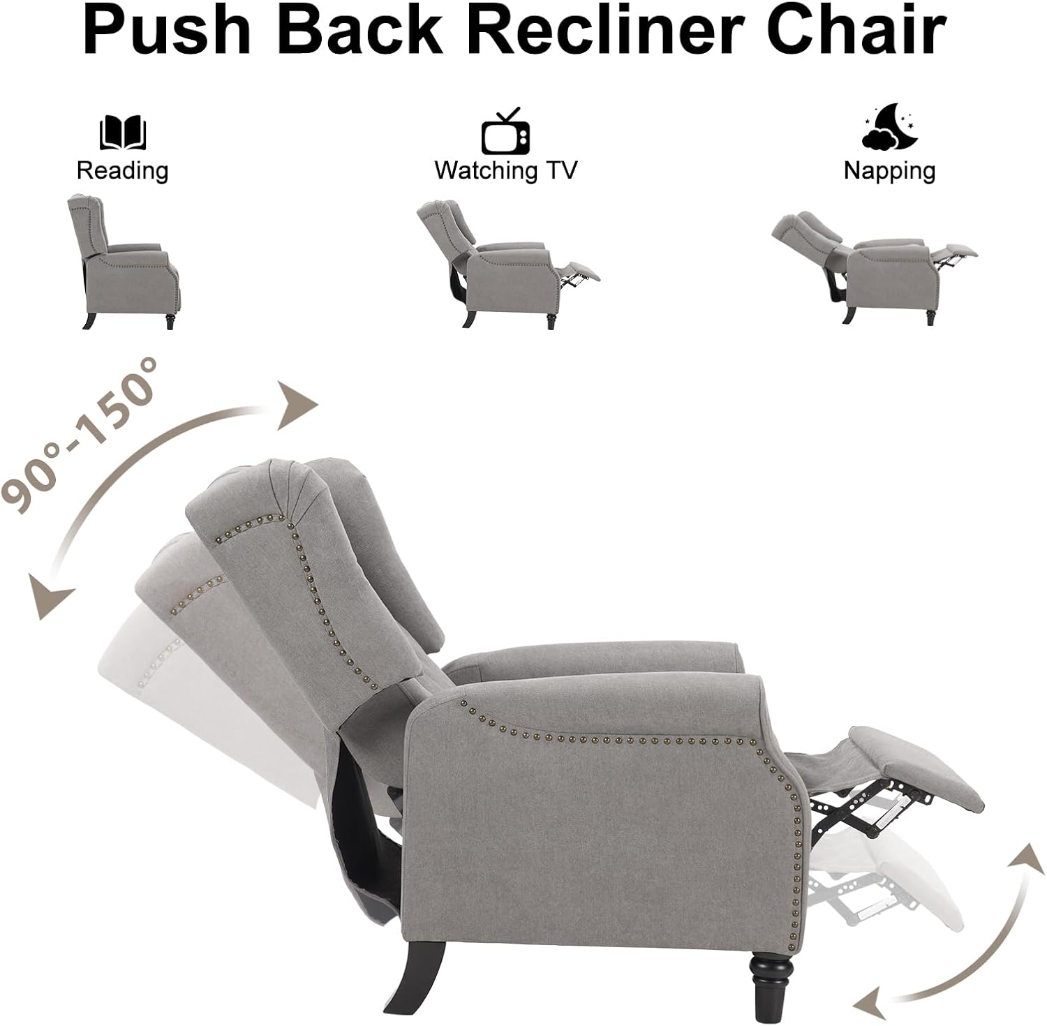 EBELLO 2 Pcs Pushback Recliner Chairs, Fabric Armchair Push Back Recliner with Rivet Decoration