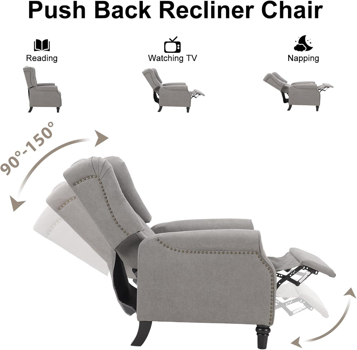 EBELLO Pushback Recliner Chair, Fabric Armchair Push Back Recliner with Rivet Decoration, Mid
