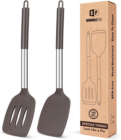 Pack of 2 Silicone Solid Turner, Non Stick Slotted Kitchen Spatulas, High Heat Resistant BPA Free