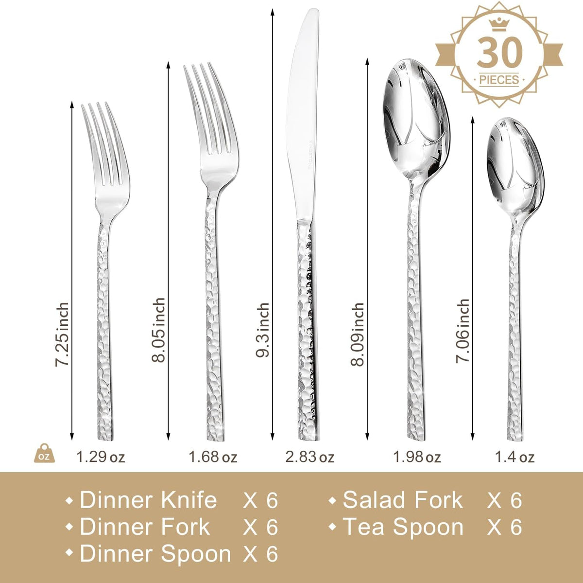 KINGSTONE 30 Piece Hammered Silverware Set, 18/10 Stainless Steel Flatware Set for 6, Cutlery Set