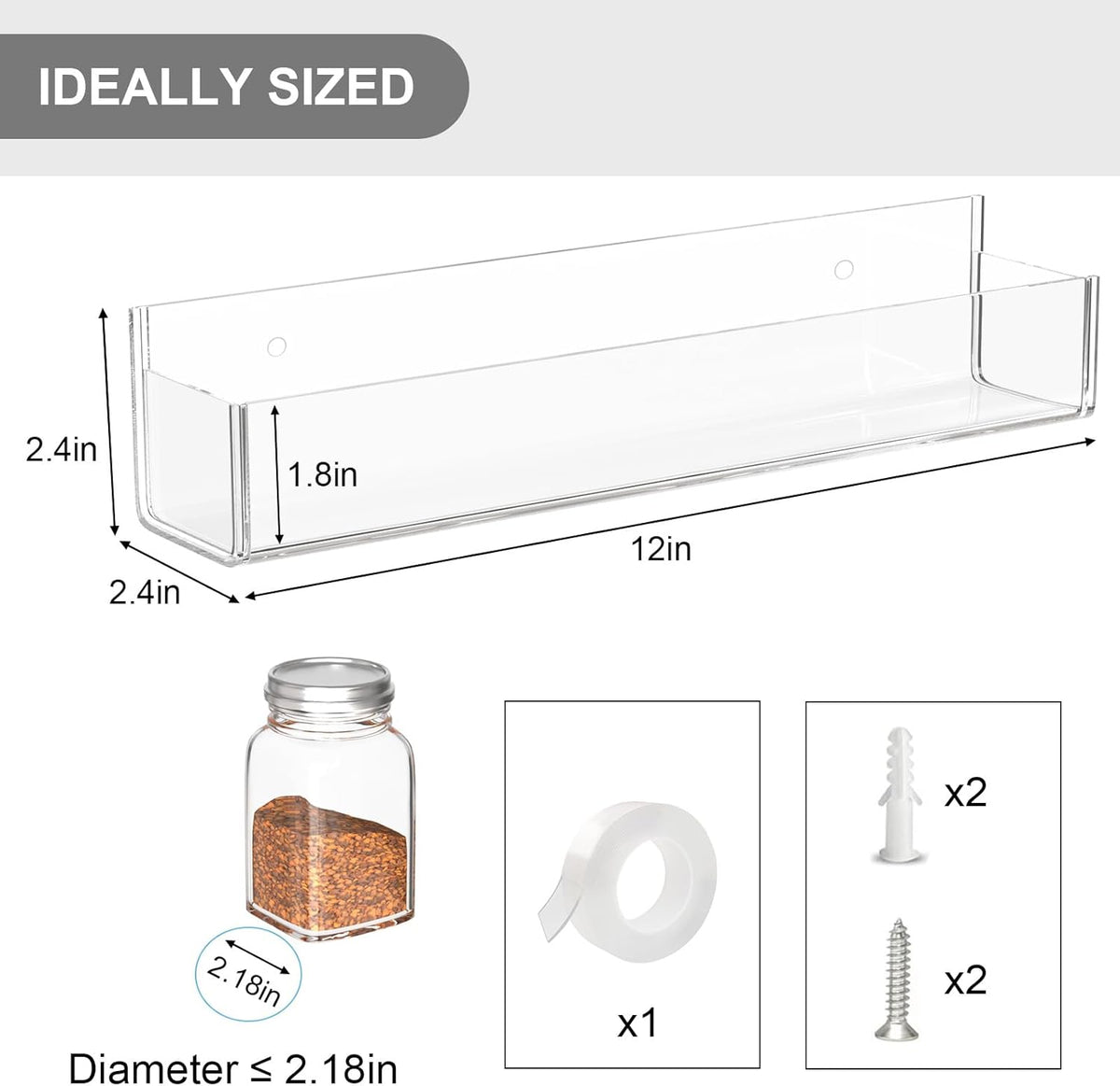 PMMASTO Adhesive Acrylic Spice Rack Organizer for Wall with Nano Double Sided Tape, Spice Shelf