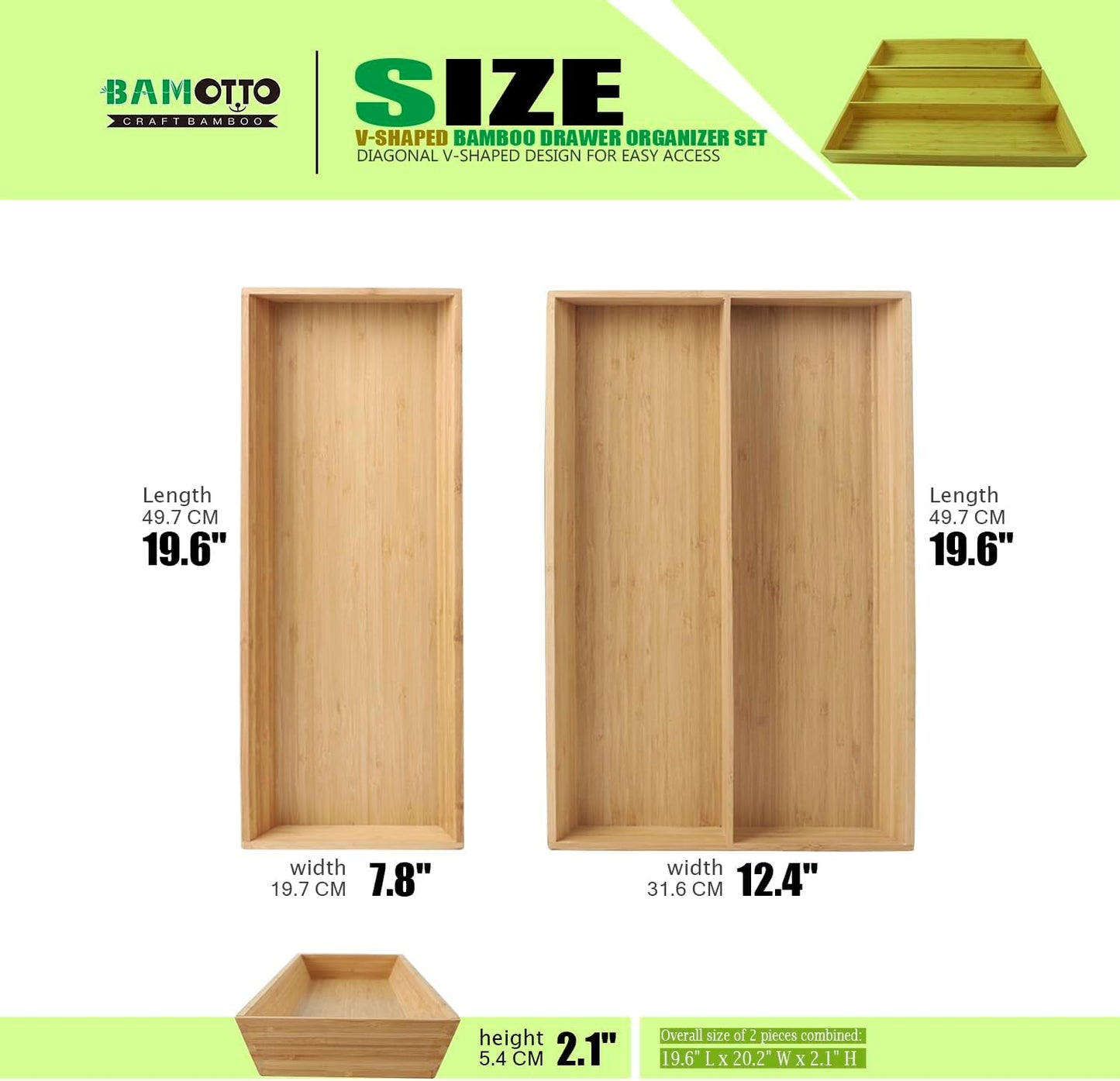 2-Piece V-Shaped Bamboo Drawer Organizer - Ideal for Kitchen's Large Long Tableware, Cooking