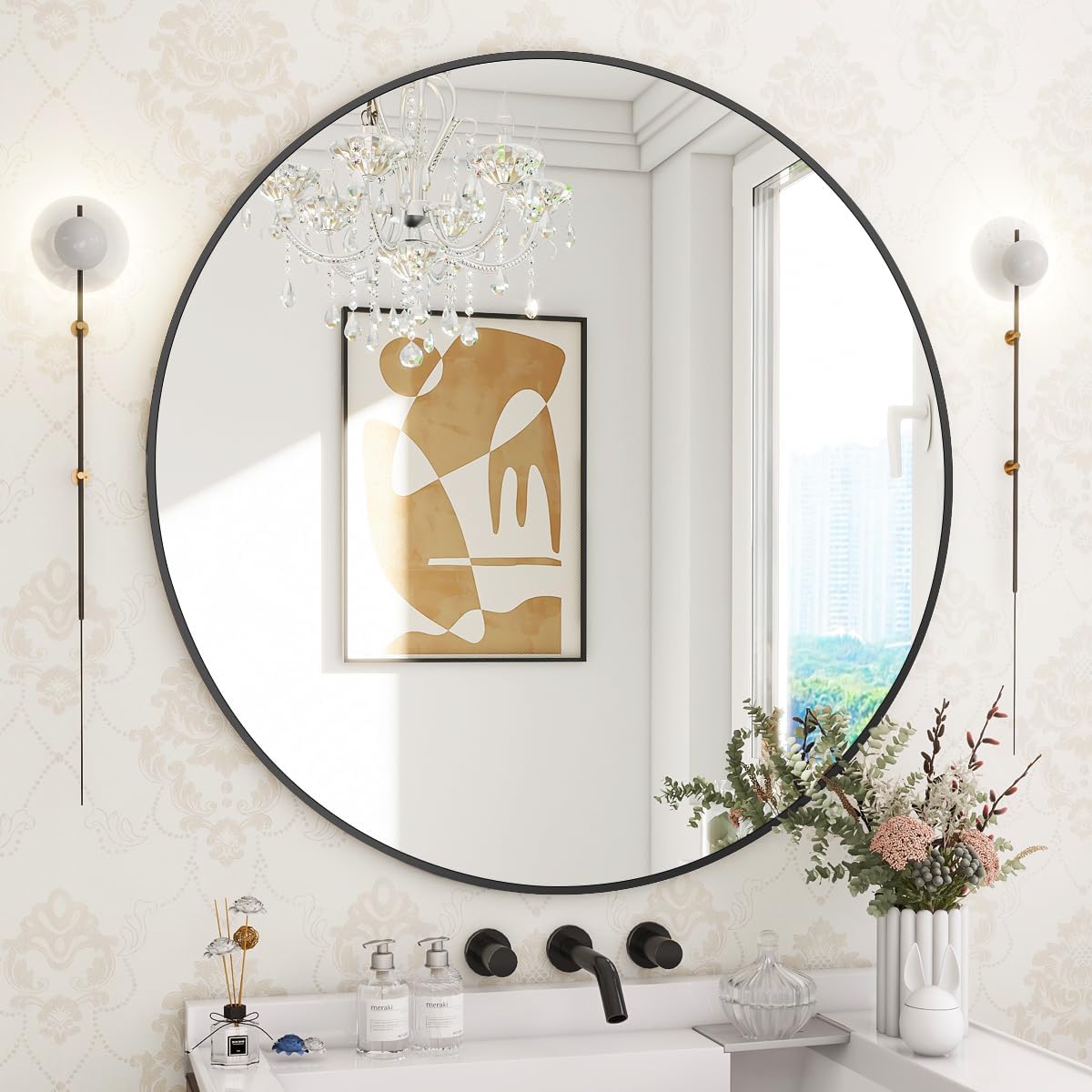 BEAUTYPEAK 30 Inch Round Mirror, Metal Frame Circle Mirror, Wall Mounted for Entryway, Bathroom