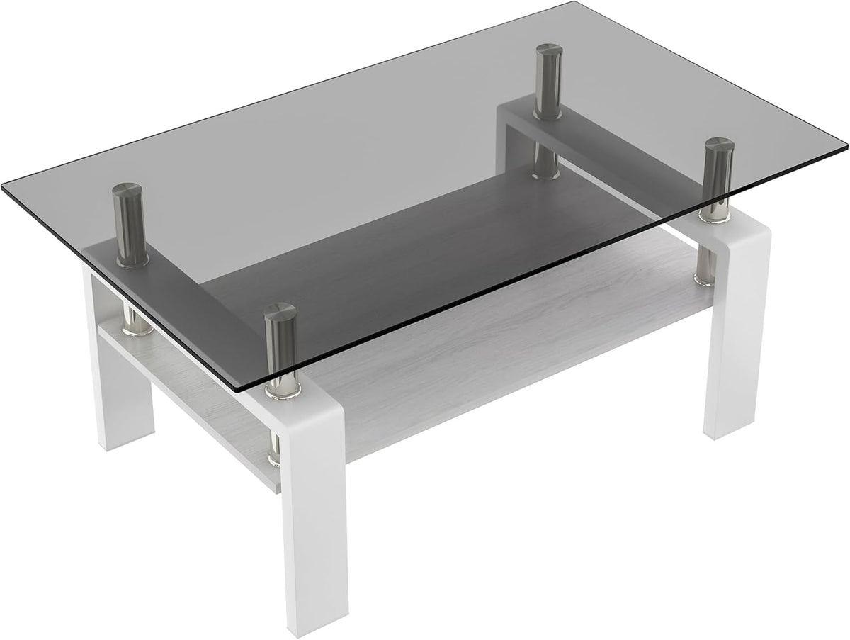 Glass Coffee Table Rectangle Living Room Center Table, with Gray Tempered Glass Tabletop and White