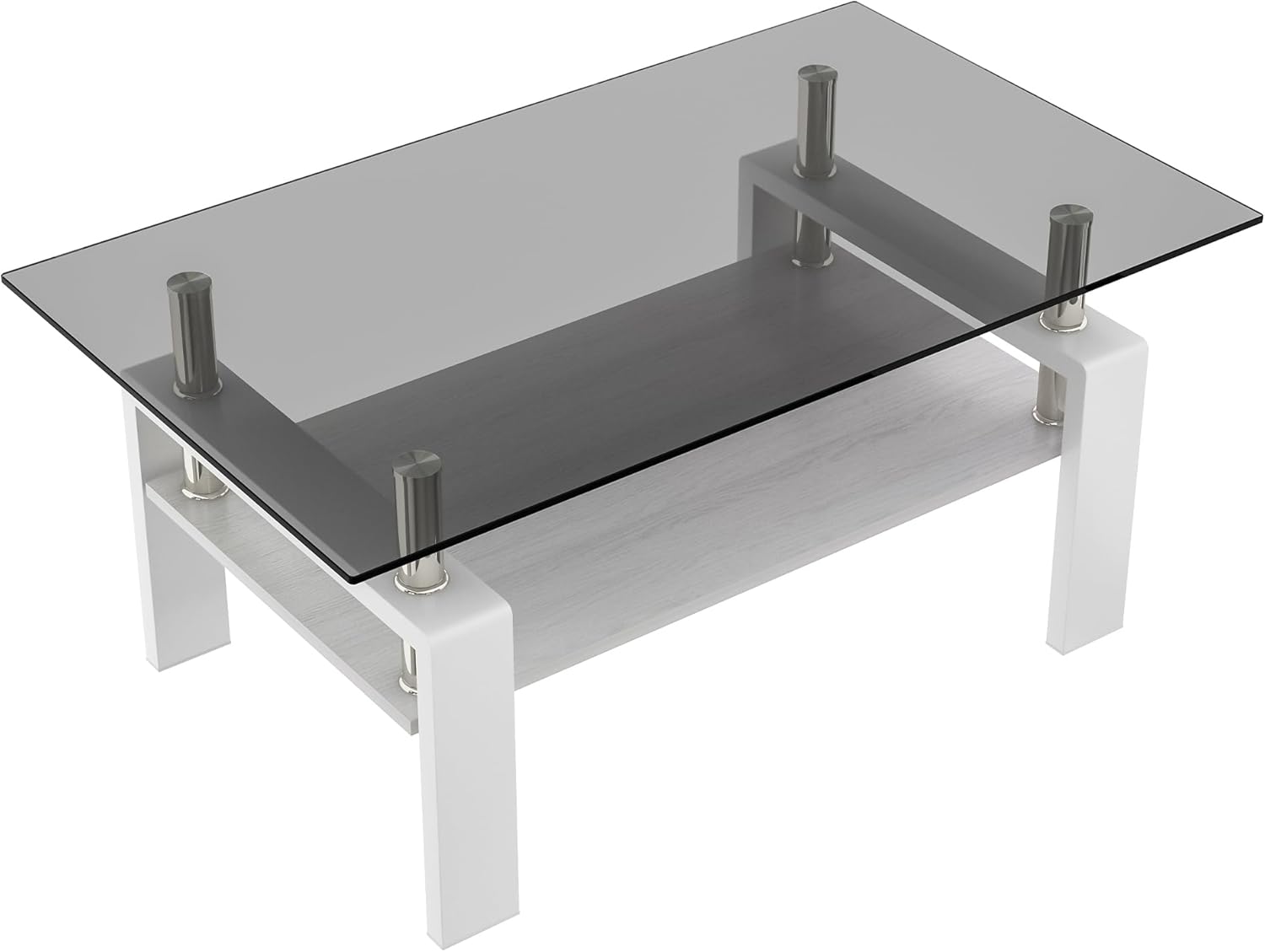 Glass Coffee Table Rectangle Living Room Center Table, with Gray Tempered Glass Tabletop and White