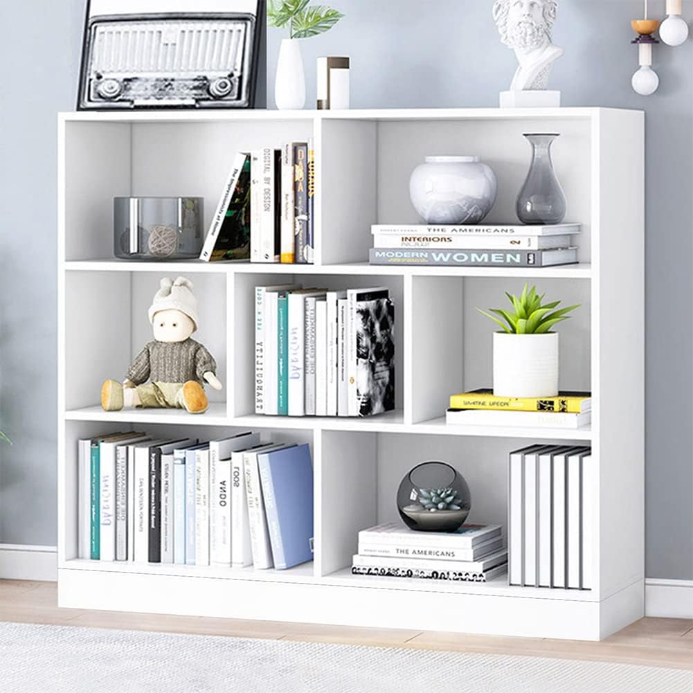 IOTXY Open Shelf Low Bookcase - Wooden 3-Tier Floor Standing Display Cabinet Organizer with Base, 7