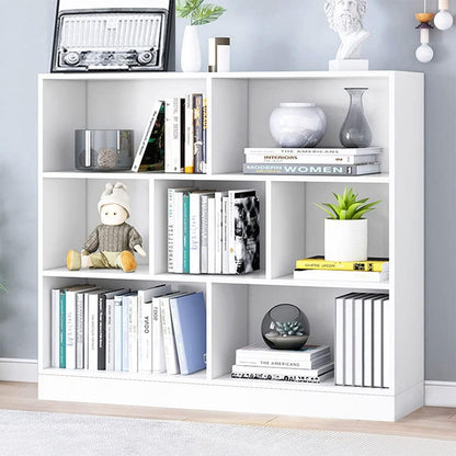 IOTXY Open Shelf Low Bookcase - Wooden 3-Tier Floor Standing Display Cabinet Organizer with Base, 7