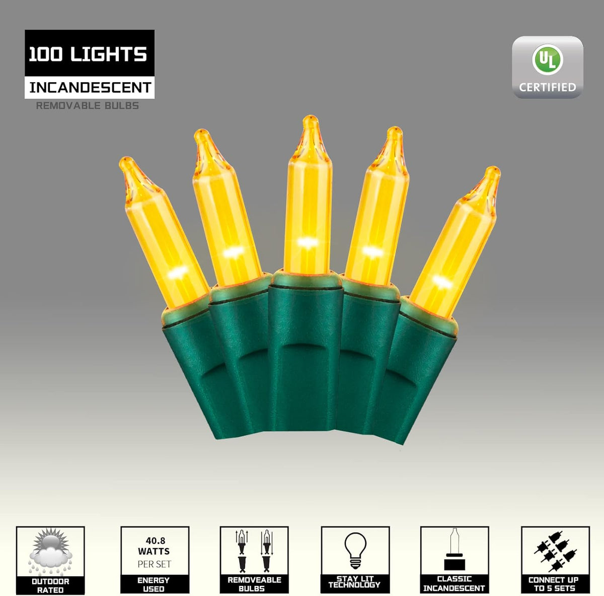 100LIGHTS Yellow Extra-Bright with End Connectors Christmas Decorative Lights 5.98m UL Certified