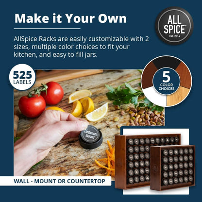 AllSpice Spice Rack Organizer, Wood, 525 Unique Labels, Countertop or Wall Mount, Includes 30 4oz