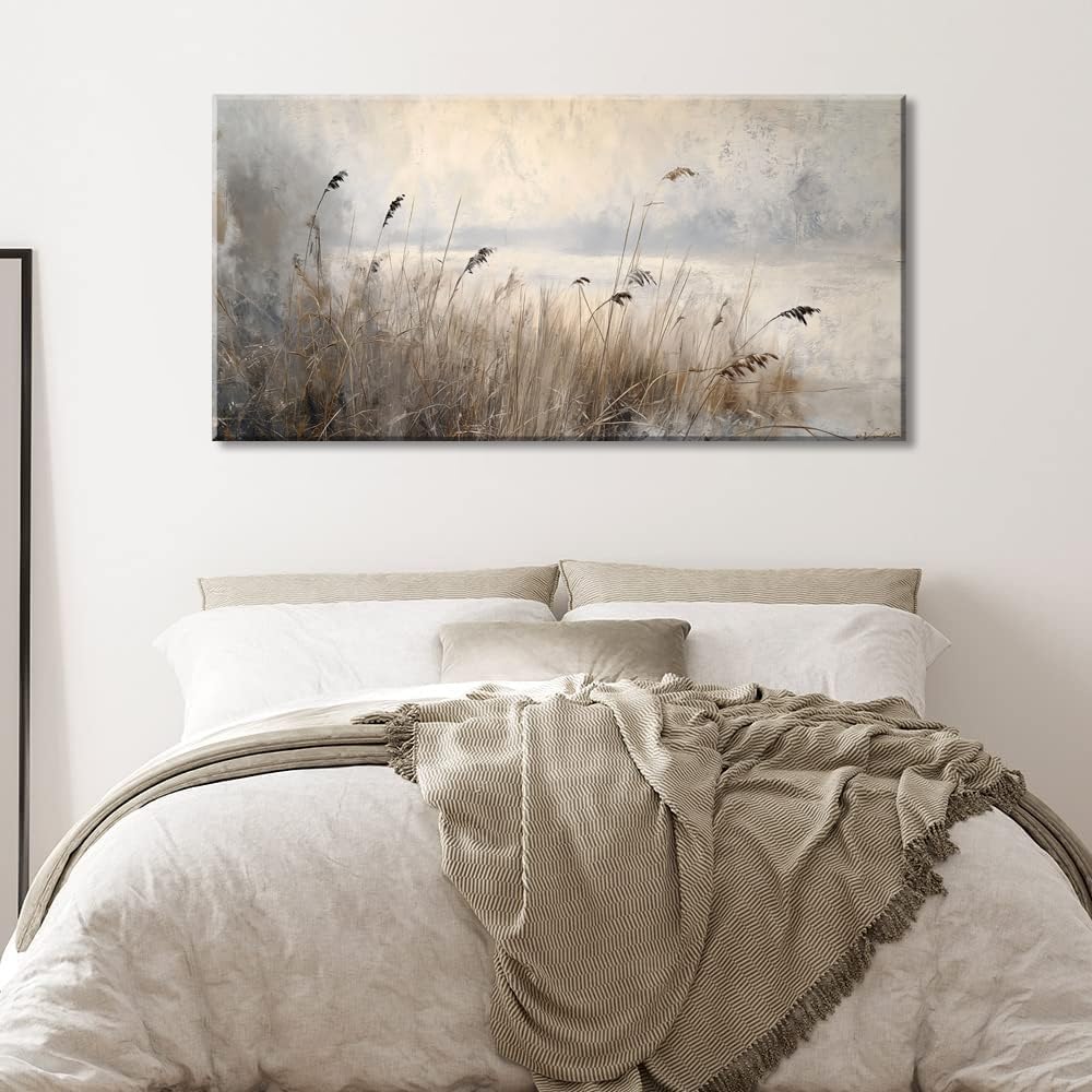 LASMOND Vintage Meadow Wall Art for Living Room Reed Grass Canvas Painting Prints Large Retro