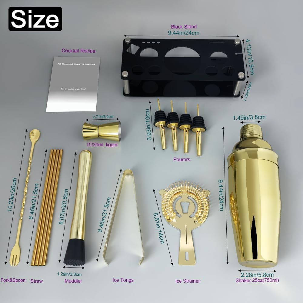 14-Piece Cocktail Shaker Set Bartender Kit with Black Stand, Bar Tool Set for Drink Mixing