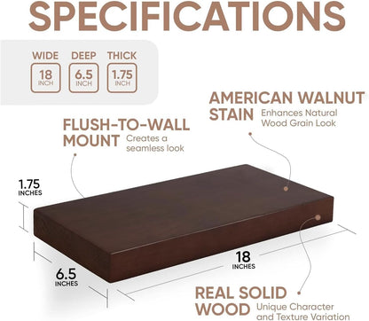 Homeforia Walnut 18 inch Floating Shelf, High End Solid Real Wood 18inch Floating Shelves for Wall