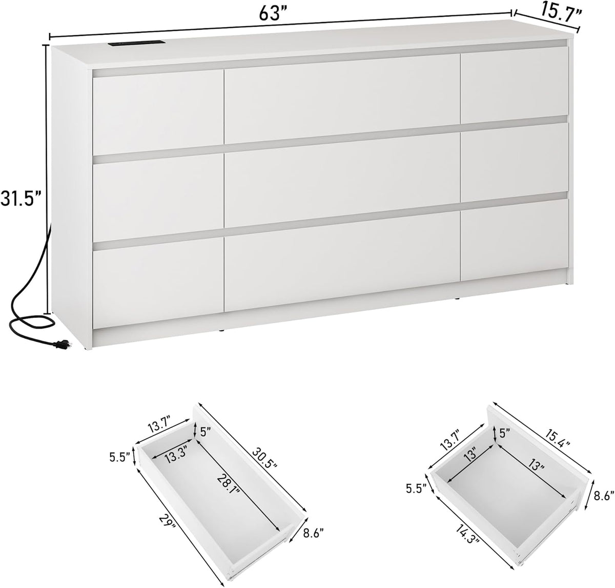 White Malm Dresser for Bedroom, 63 Inch Long 9 Drawers Dresser with Charging Station, Modern Large