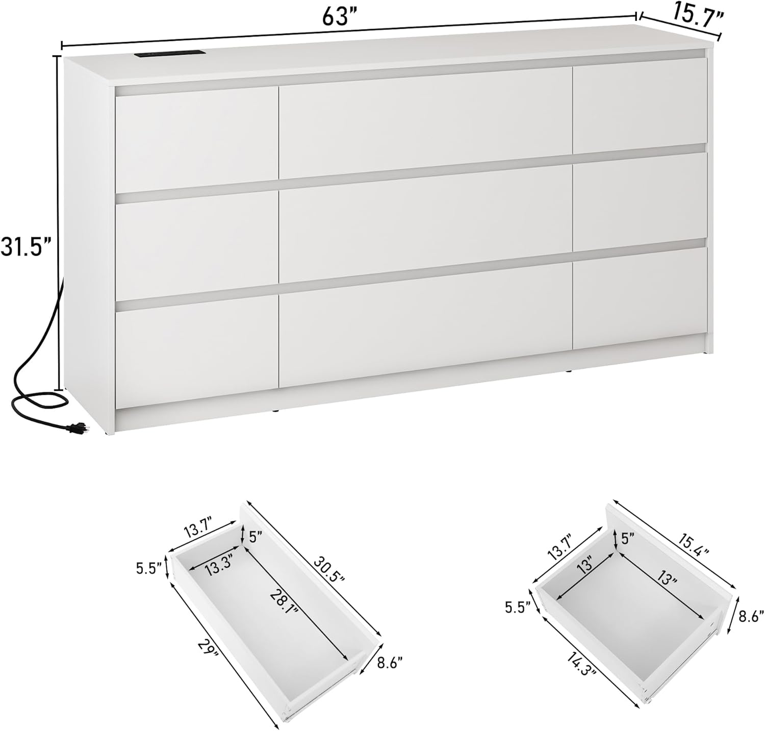 White Malm Dresser for Bedroom, 63 Inch Long 9 Drawers Dresser with Charging Station, Modern Large
