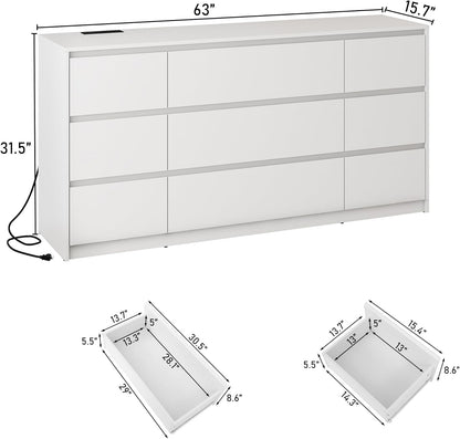 White Malm Dresser for Bedroom, 63 Inch Long 9 Drawers Dresser with Charging Station, Modern Large