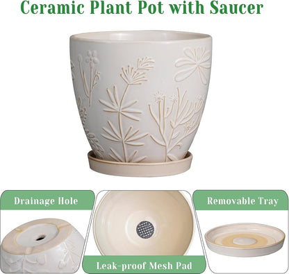 10 Inch Plant Pot Ceramic Planter Pot with Drainage Hole and Saucer Round Planter Large Flower Pot