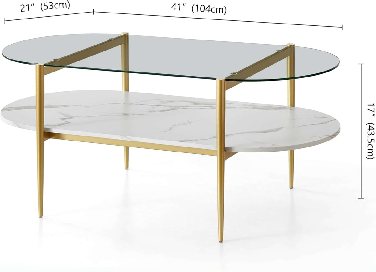 Oval Coffee Table, Mid-Century Modern Design, L41 x W21 x H17 inch, for Living Room, Clear Glass