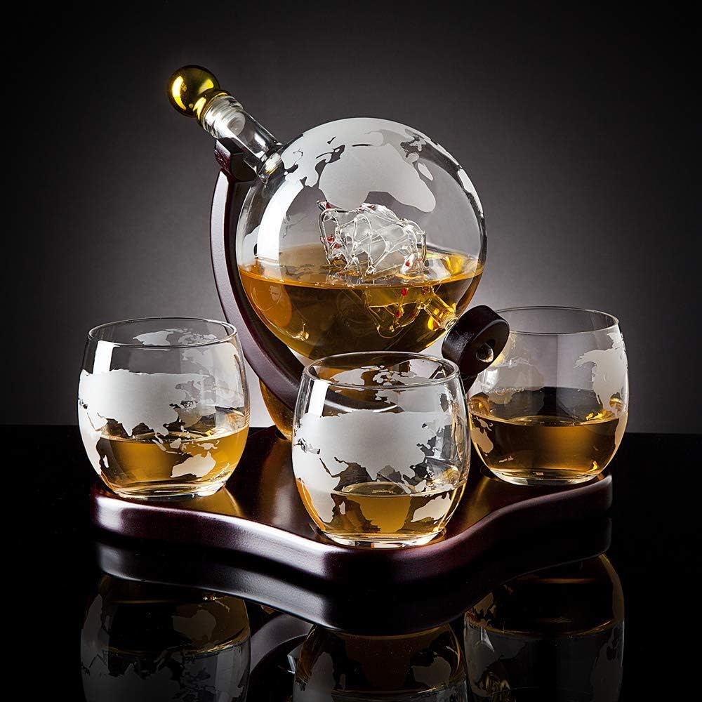Godinger Whiskey Decanter Globe Set with 4 Etched Glasses for Liquor, Scotch, Bourbon, Vodka, Gifts