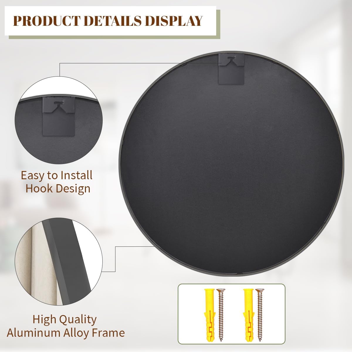 BEAUTYPEAK 20 Inch Round Mirror, Metal Frame Circle Mirror, Wall Mounted for Entryway, Bathroom