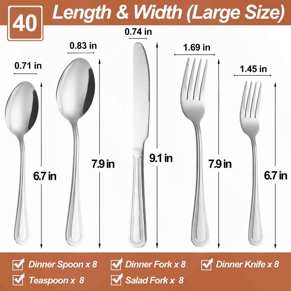 40 Pcs Silverware Set for 8 with Pearled Edge Handle design, Food Grade Stainless Steel Flatware