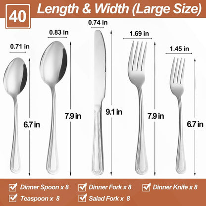 40 Pcs Silverware Set for 8 with Pearled Edge Handle design, Food Grade Stainless Steel Flatware