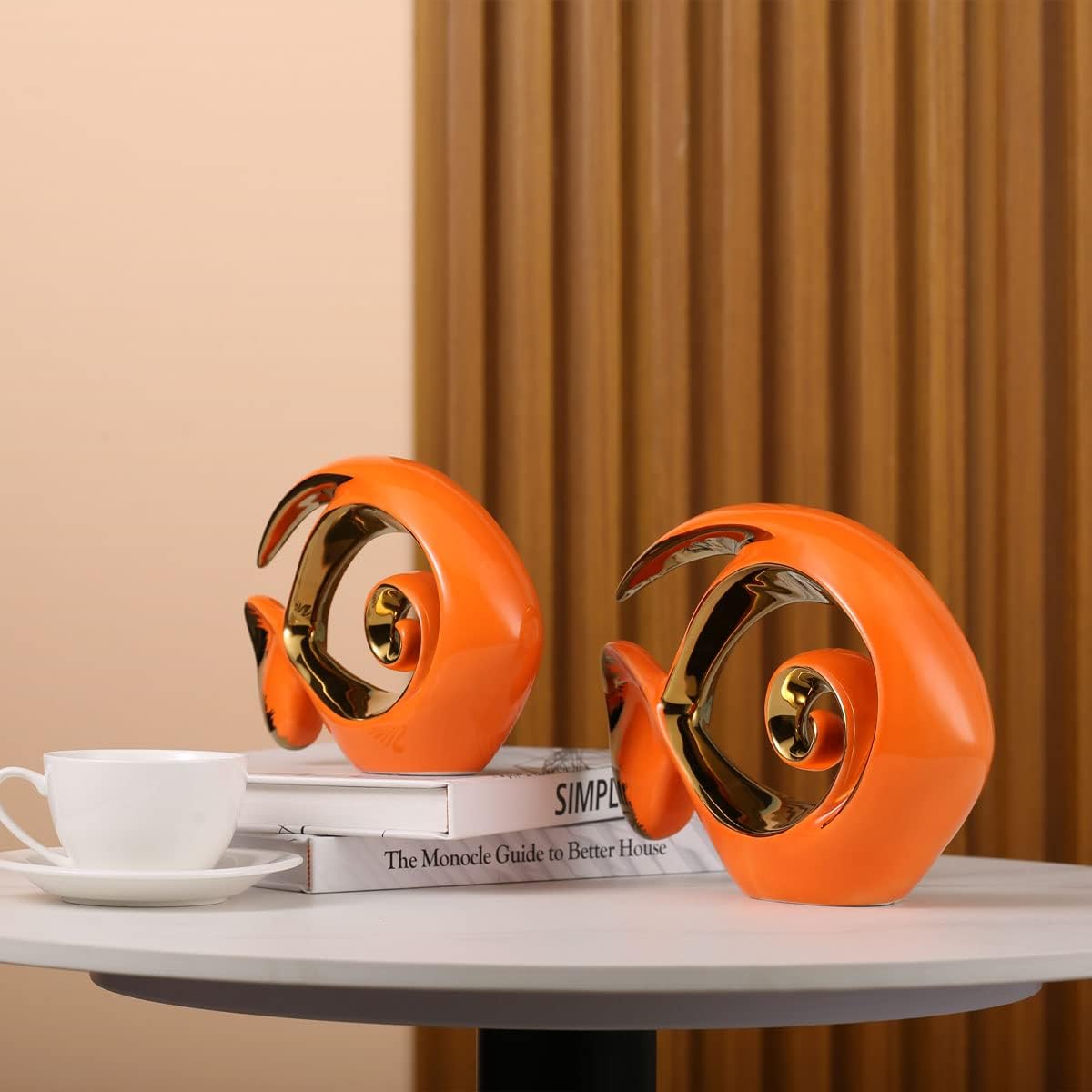Orange Gold Ceramic Fish Figurines - Coastal Home Decor, Modern Ocean Centerpieces for Living Room