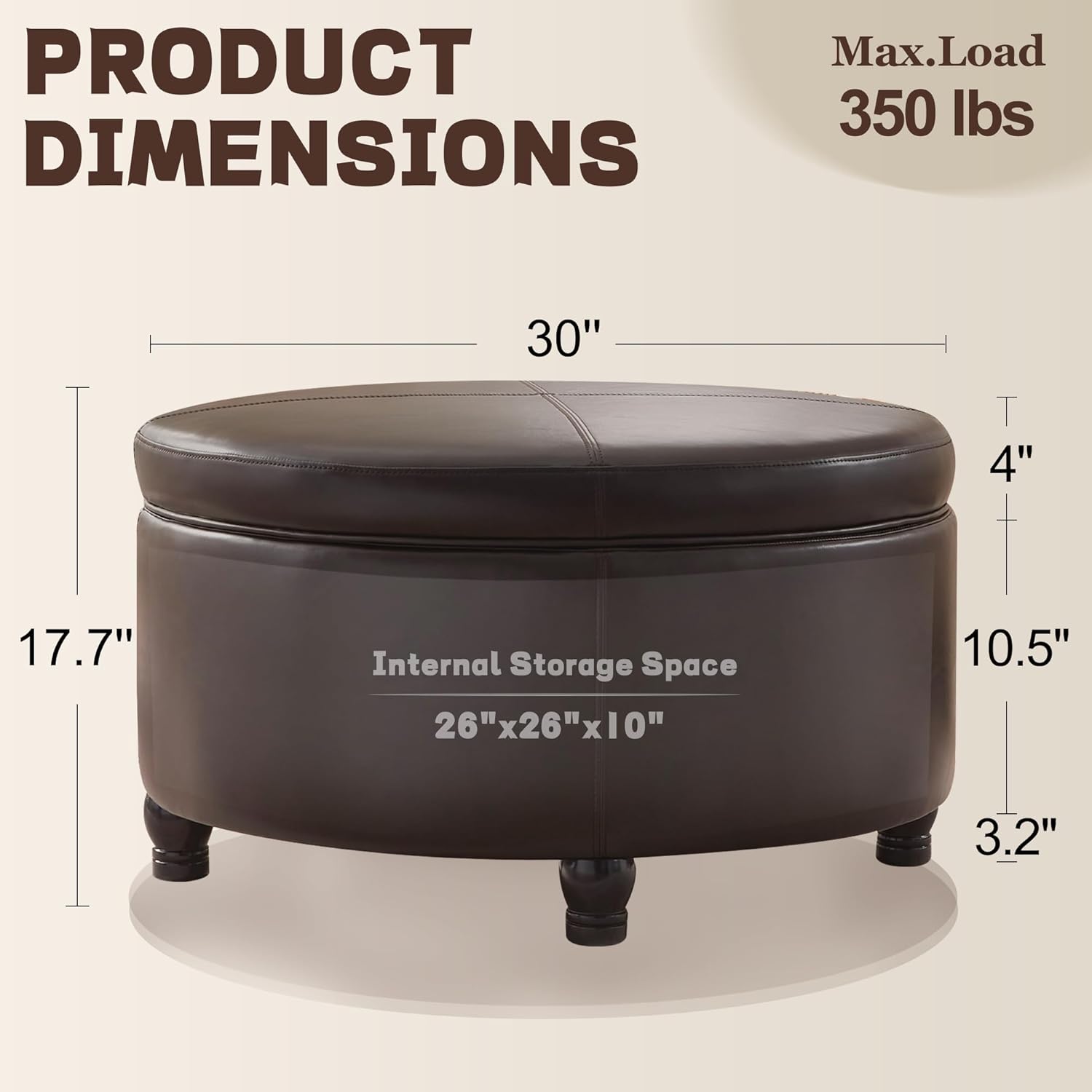 30-Inch Round Storage Ottoman, Modern Ottoman Coffee Table with Removable Top for Living Room
