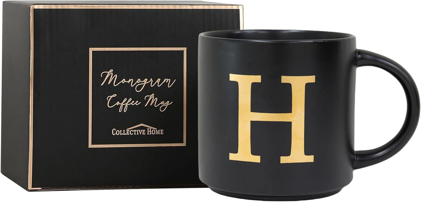 COLLECTIVE HOME - Monogram Ceramic Mugs, 15 oz Golden Initial Black Coffee Cups, Elegant Alphabet