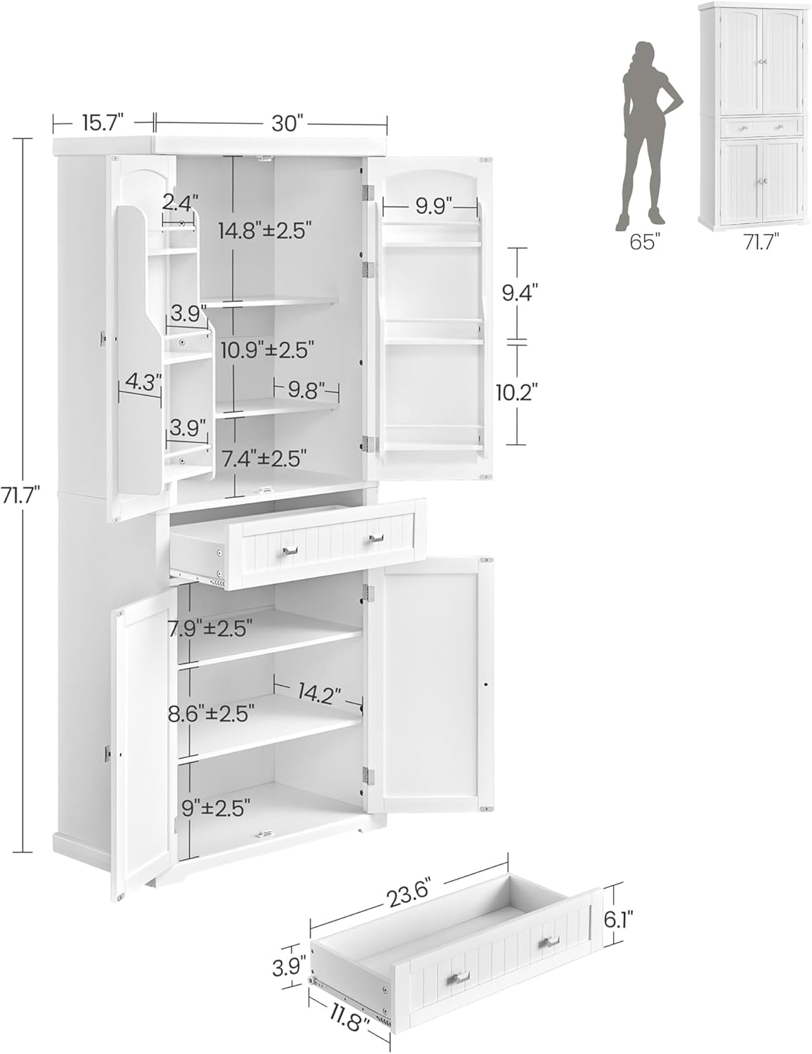 VASAGLE Pantry Cabinet, 71.7-Inch High Freestanding Tall Cupboard Storage Cabinet with a Drawer, 2
