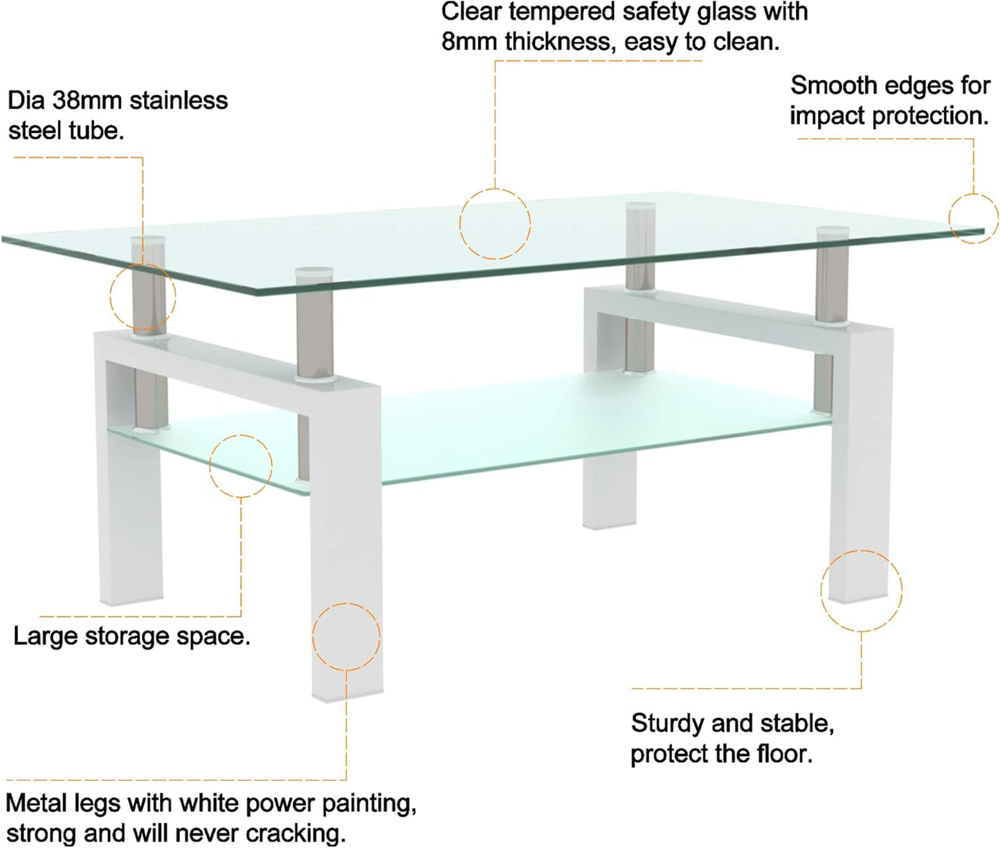 Glass Coffee Table Rectangle White Living Room Center Table, 39inch Transparent Tempered Glass